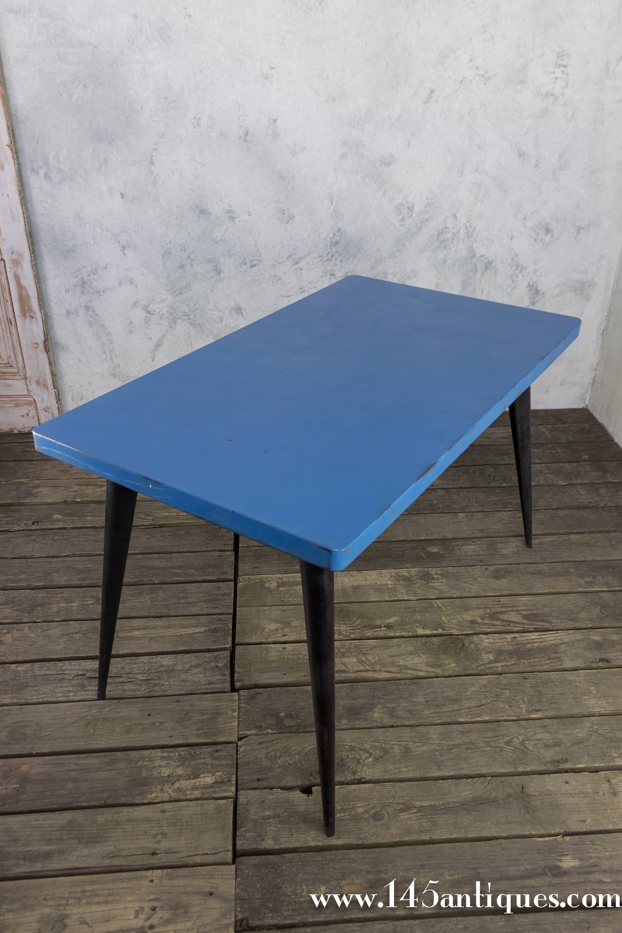 Industrial Tolix Table with Blue Top and Black Frame