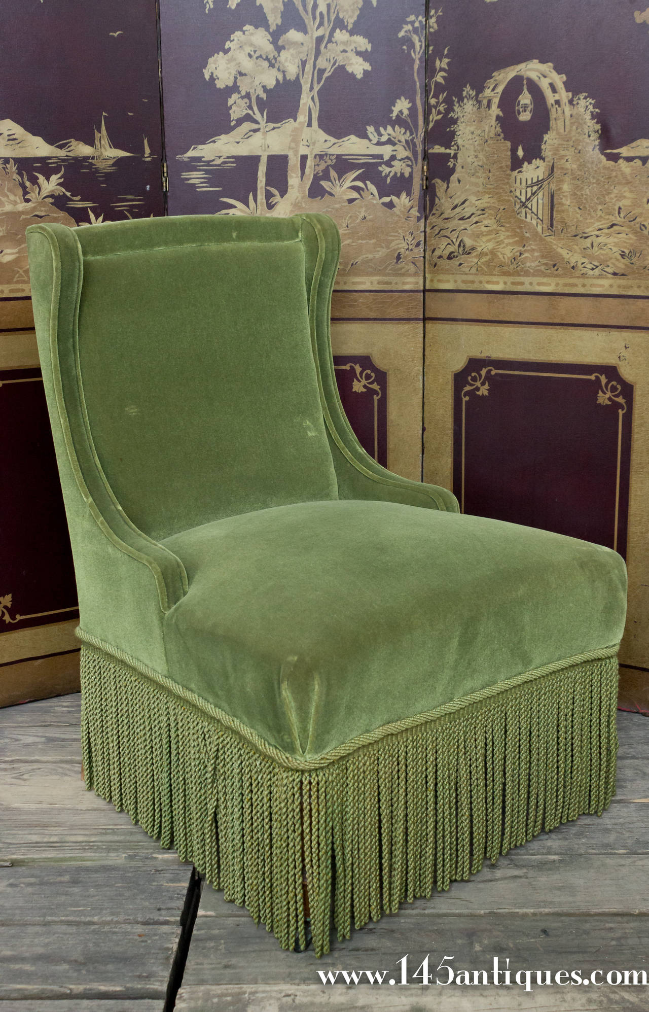 French Pair of Slipper Chairs in Green Velvet