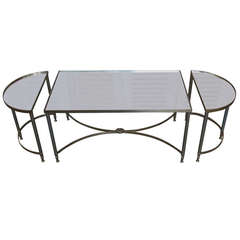 French Three Piece Brass Coffee Table with Mirror Top French Three Piece Brass Coffee Table with Mirror Top