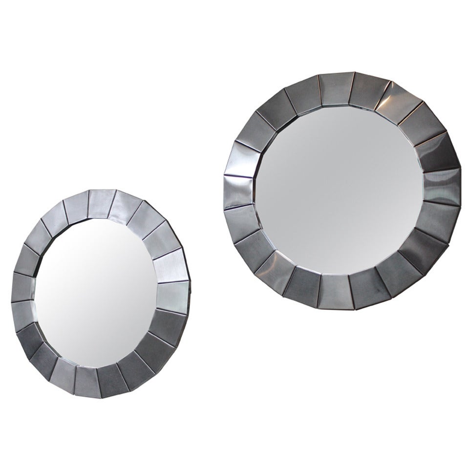 Pair of 1970s Vintage Round Polished Metal Framed Mirrors For Sale