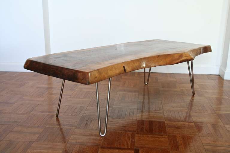 Mid-Century walnut coffee table with metal hair pin legs