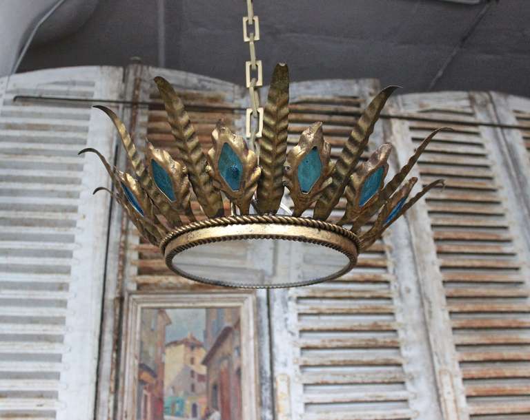 Unusual Spanish Gilt Ceiling Fixture with Peacock Blue Glass Accents 1