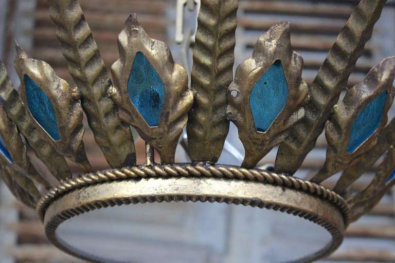 Unusual Spanish Gilt Ceiling Fixture with Peacock Blue Glass Accents 2