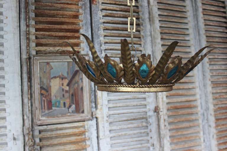 Unusual Spanish Gilt Ceiling Fixture with Peacock Blue Glass Accents 3