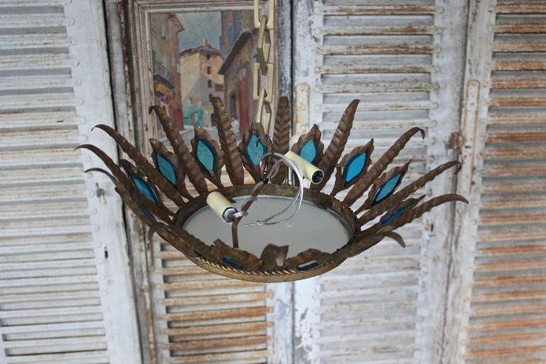 Unusual Spanish Gilt Ceiling Fixture with Peacock Blue Glass Accents 4
