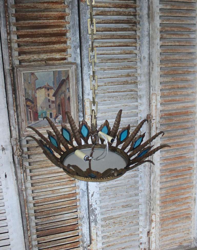 Unusual Spanish Gilt Ceiling Fixture with Peacock Blue Glass Accents 5