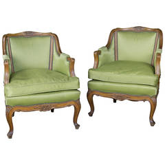 Pair of Louis XV Style Green Armchairs with Exposed Wood Frame 1