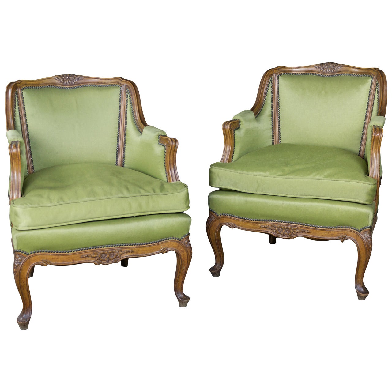 Pair of Louis XV Style Green Armchairs with Exposed Wood Frame