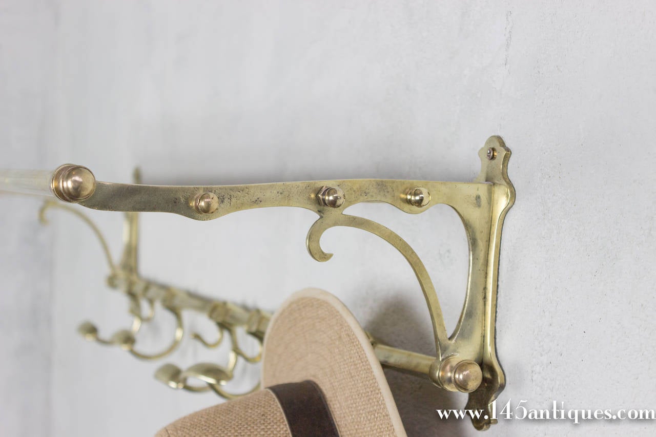 French Early 20th Century Brass Coat Rack with Top Rack In Fair Condition In Buchanan, NY