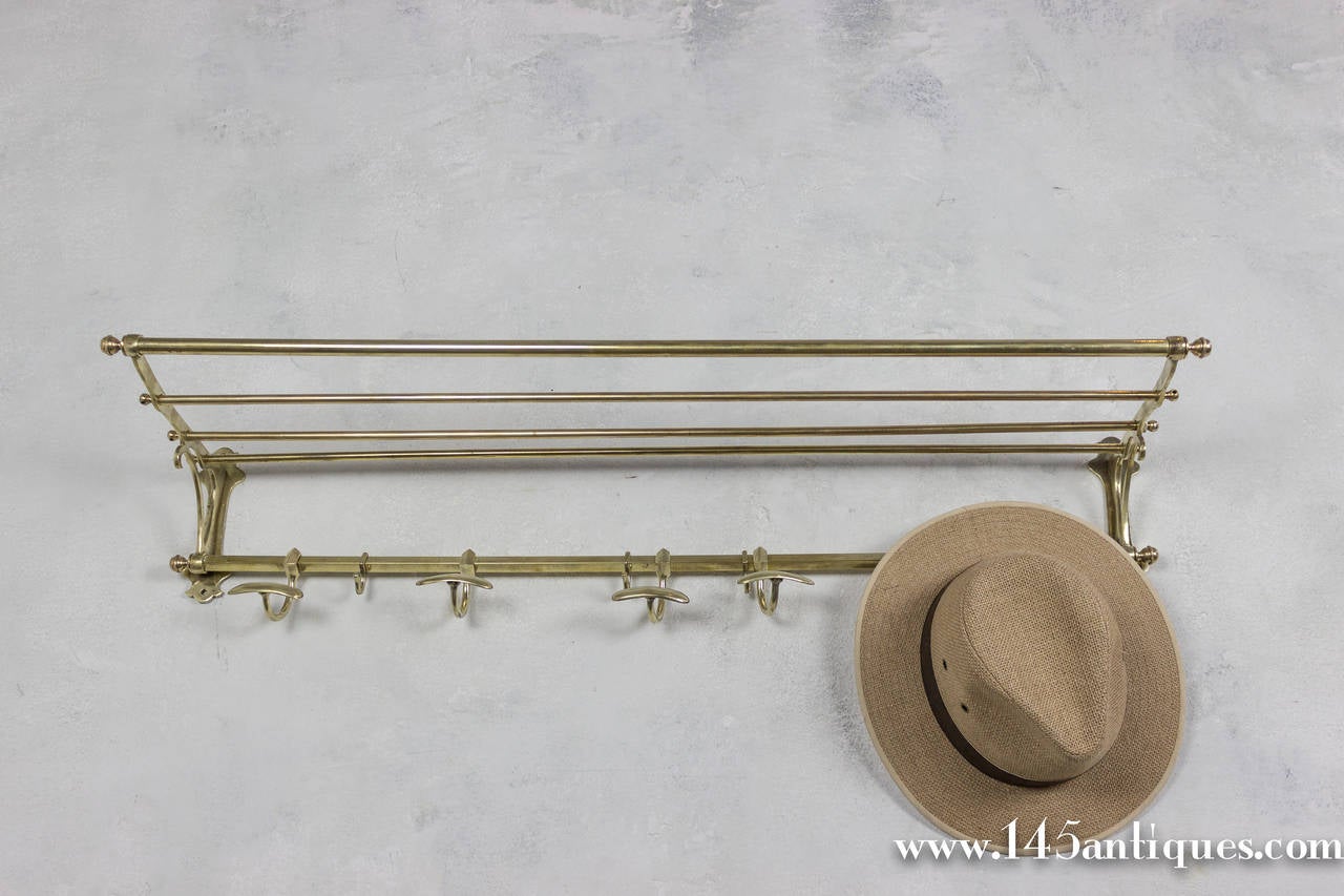 French Early 20th Century Brass Coat Rack with Top Rack 1