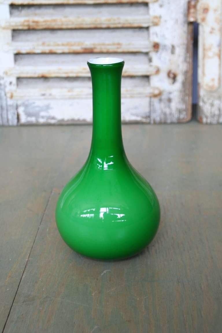 Bright Green & White Cased Glass Vase. Made in Italy circa 1960's.