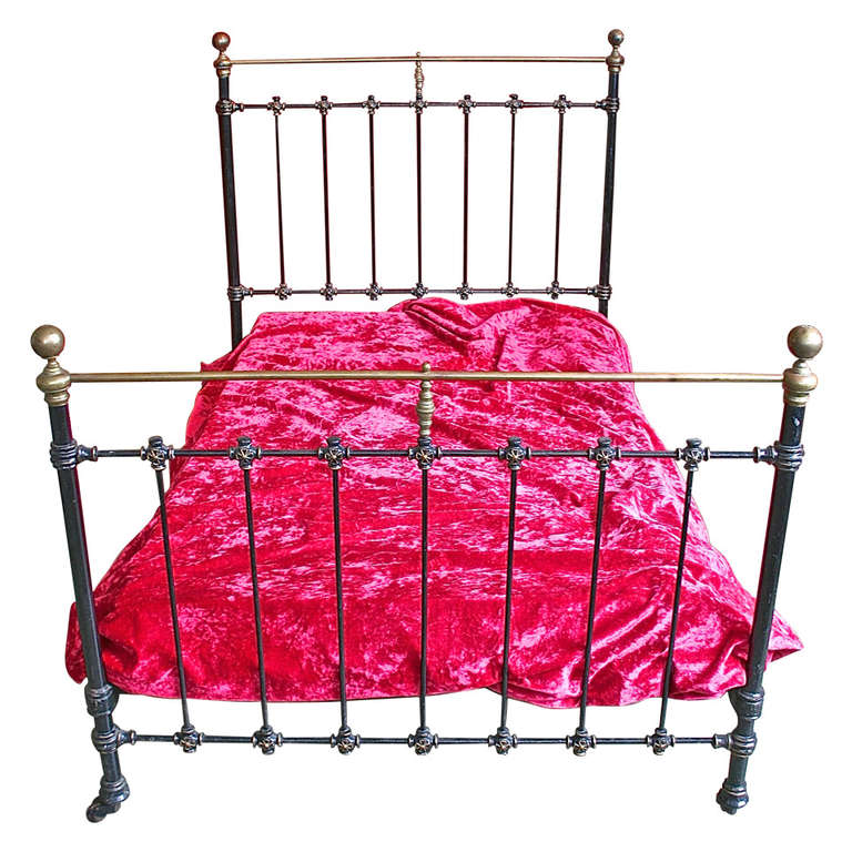 French 1920's Black Iron Bed with Brass Detailing For Sale at 1stdibs