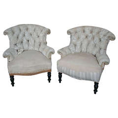 French 19th Century Pair of Napoleon III Tufted Armchairs in Muslin 2