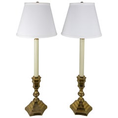 Pair of French 1940s Brass Lamps with Hexagonal Bases