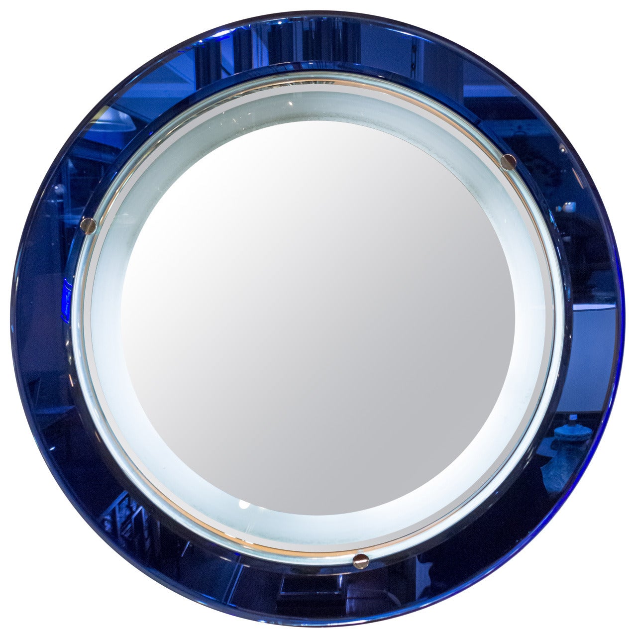 Italian Blue and White Mirror with Backlight in the Style of Fontana Art, 1970s