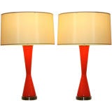 Pair of Italian Orange Murano Cased Glass Lamps