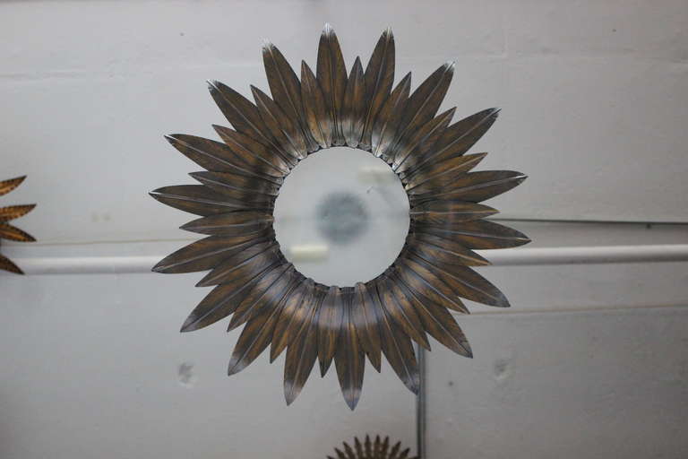 Mid-Century Modern 1940s Spanish Silvered Sunburst Ceiling Fixture with Patinated Gold Highlights For Sale