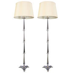 Pair of 1940s French Nickel-Plated Floor Lamps with Triangle Base