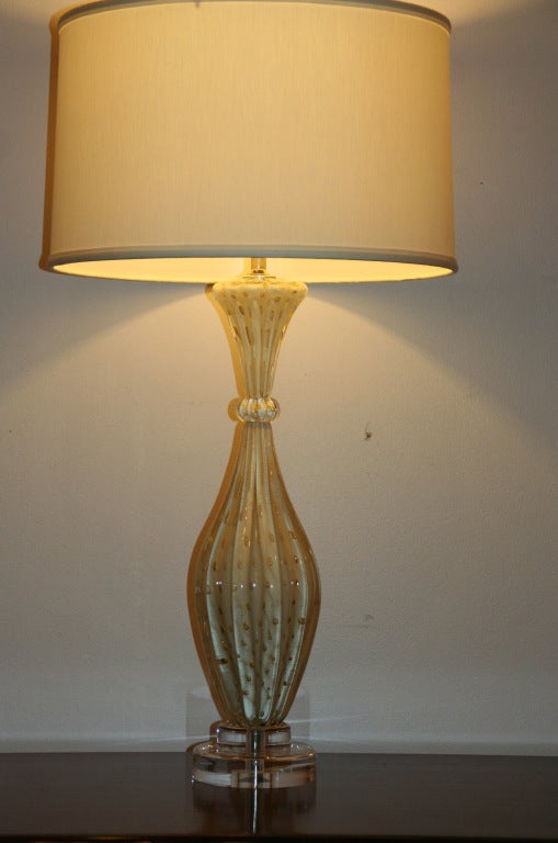 Pair of White Case Glass Murano Lamps with Gold Inclusions
