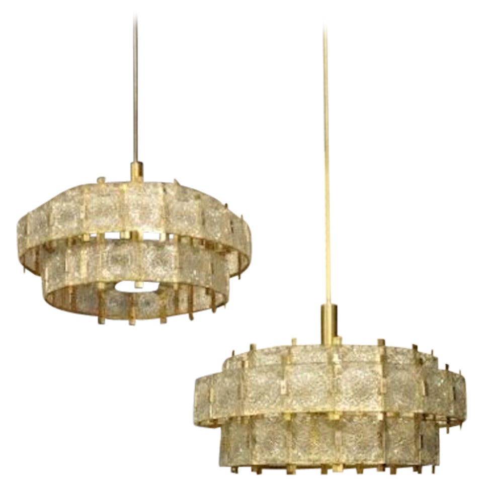 French Mid Century Modern Brass Chandelier with Glass