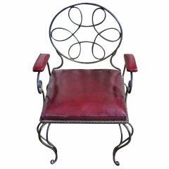 Vintage Ornate Wrought Iron Armchair in Oxblood Red Vinyl