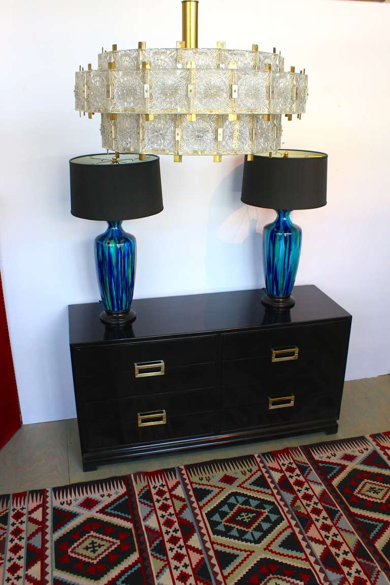 Mid-Century Modern French Mid Century Modern Brass Chandelier with Glass