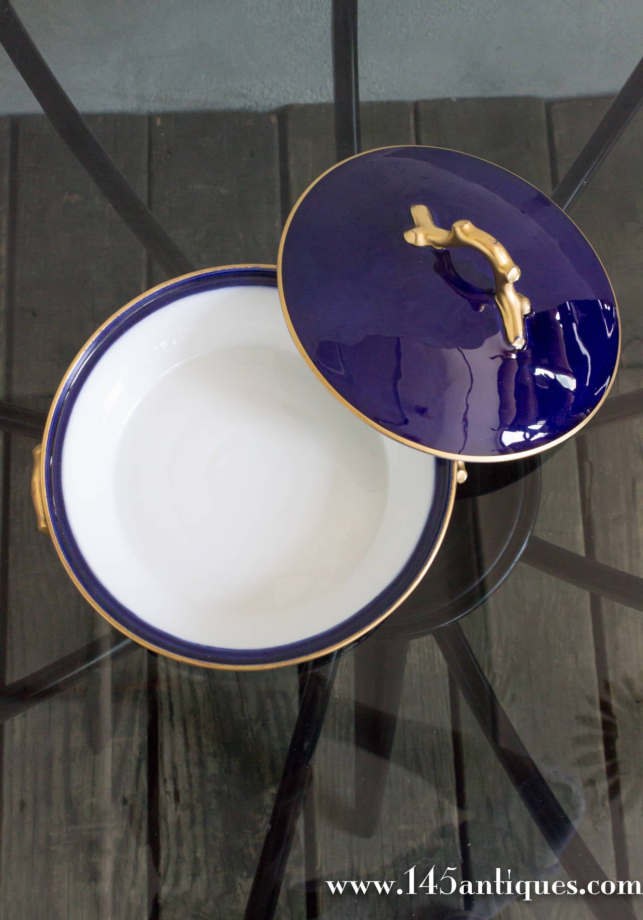 Mid-20th Century French Blue Serving Dish with Gilt Handles