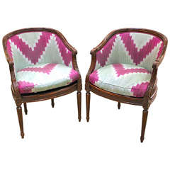 Pair of Early 20th Century French Armchairs with Carved Mahogany Frames