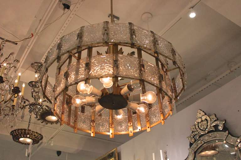 Mid-20th Century French Mid Century Modern Brass Chandelier with Glass
