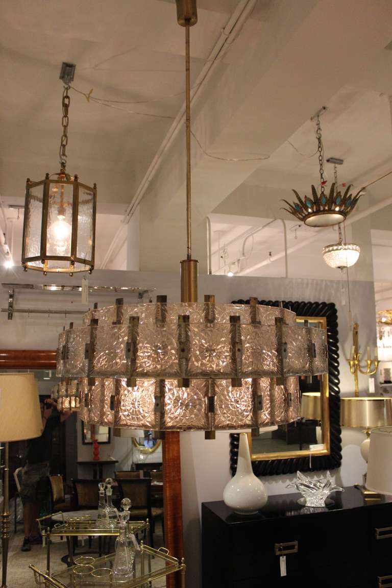 French Mid Century Modern Brass Chandelier with Glass 2