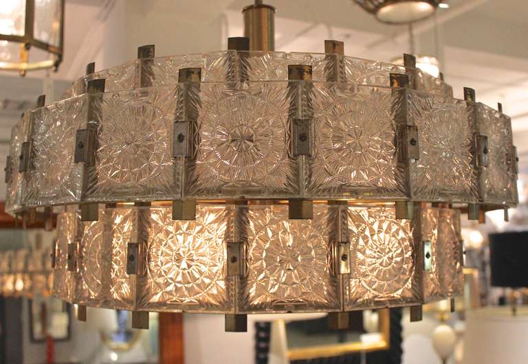 French Mid Century Modern Brass Chandelier with Glass 3
