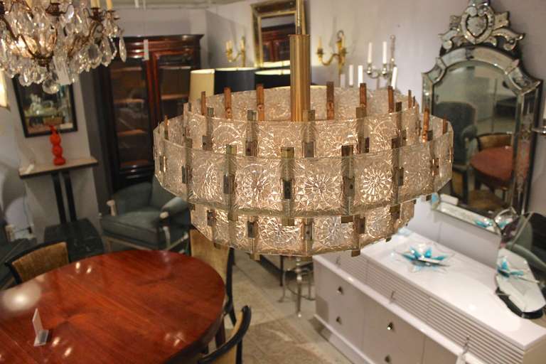 French Mid Century Modern Brass Chandelier with Glass 5