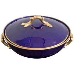 Vintage French Blue Serving Dish with Gilt Handles