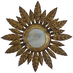 1940s Spanish Gilt Metal Ceiling Fixture with Convex Glass Center