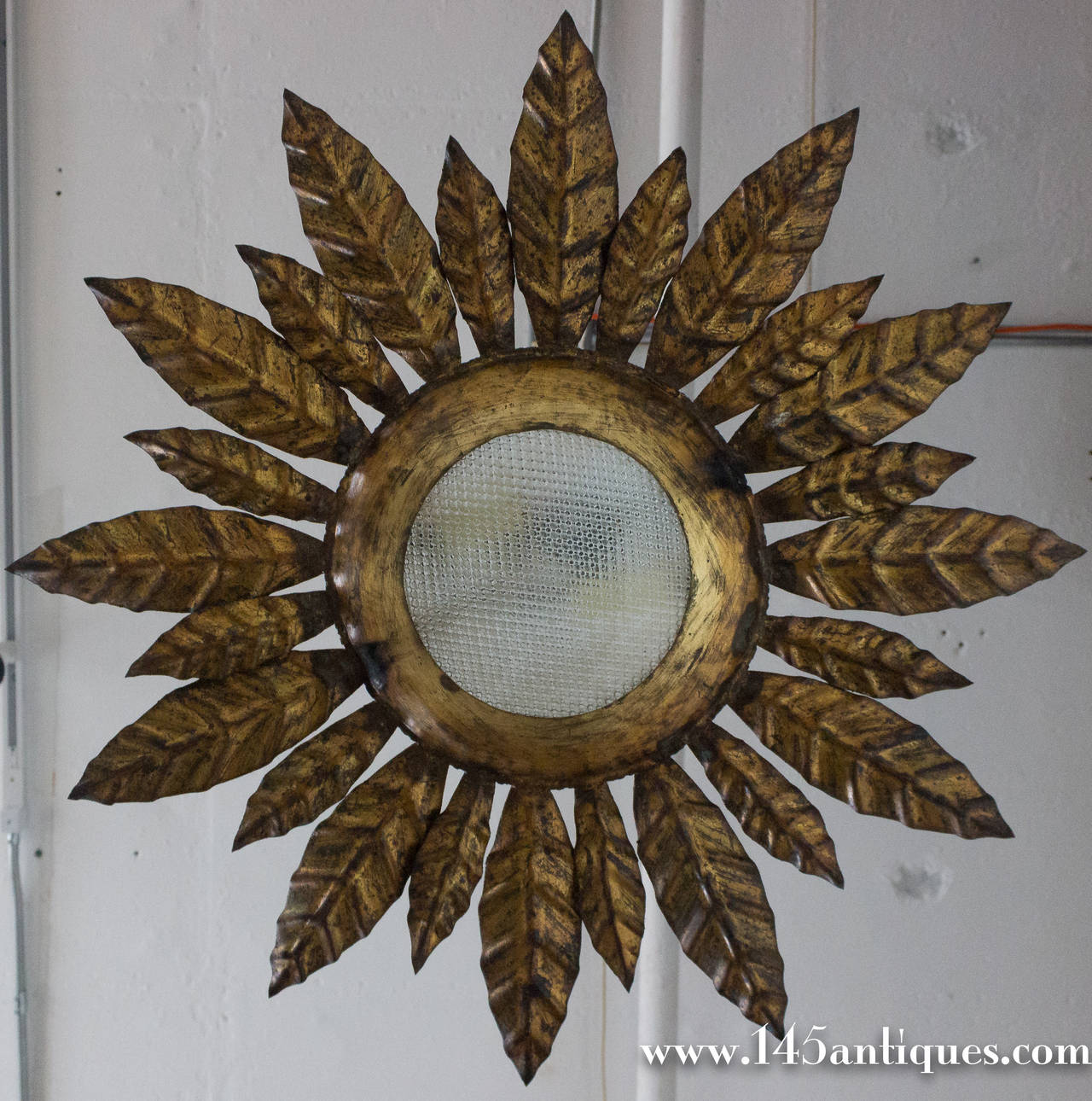 1940s Spanish Gilt Metal Ceiling Fixture with Convex Glass Center 4