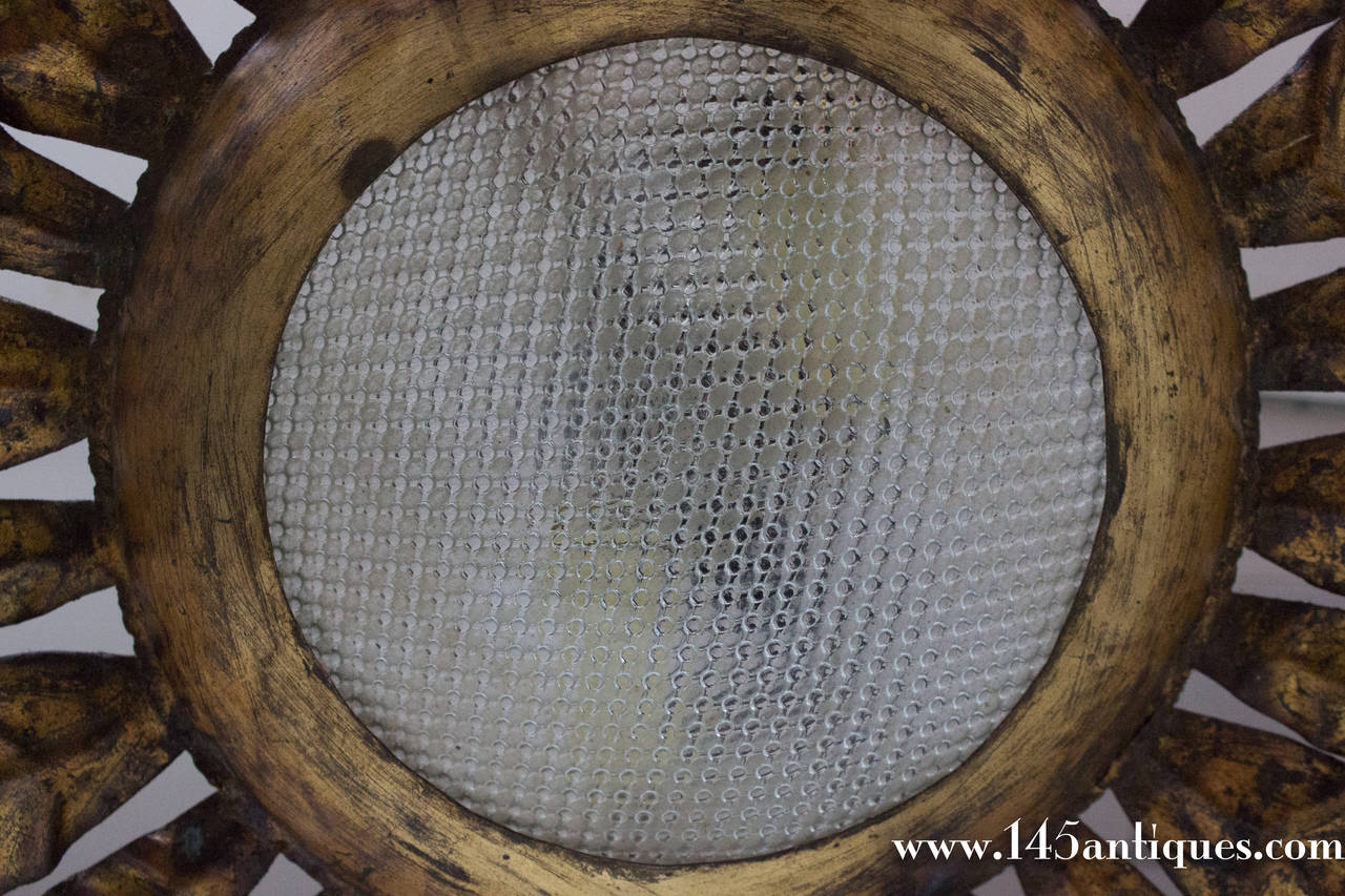 Spanish gilt metal ceiling fixture with rich patina featuring a convex waffle glass center. The fixture has been UL Code wired and is ready for installation, complete with a custom finished 5.5
