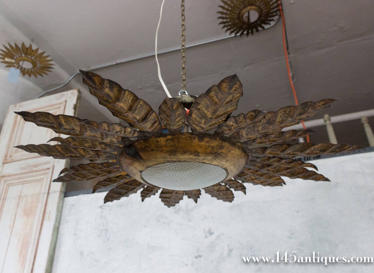 1940s Spanish Gilt Metal Ceiling Fixture with Convex Glass Center In Excellent Condition In Buchanan, NY