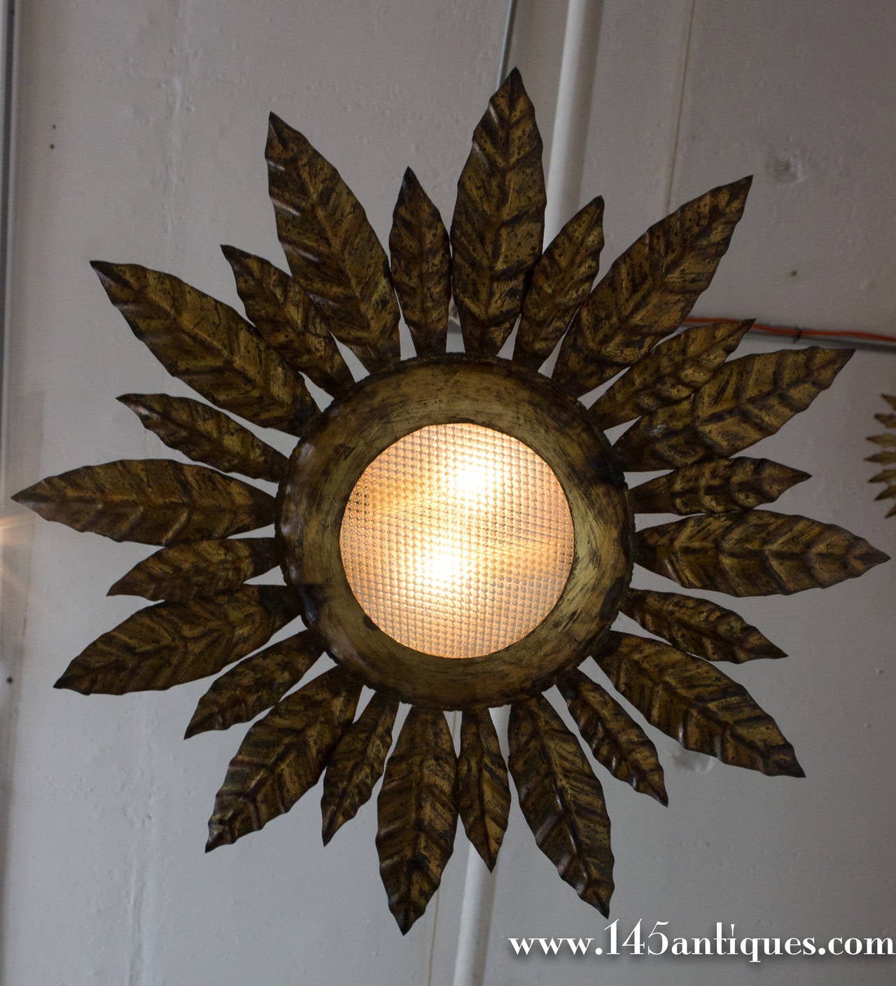 1940s Spanish Gilt Metal Ceiling Fixture with Convex Glass Center 1