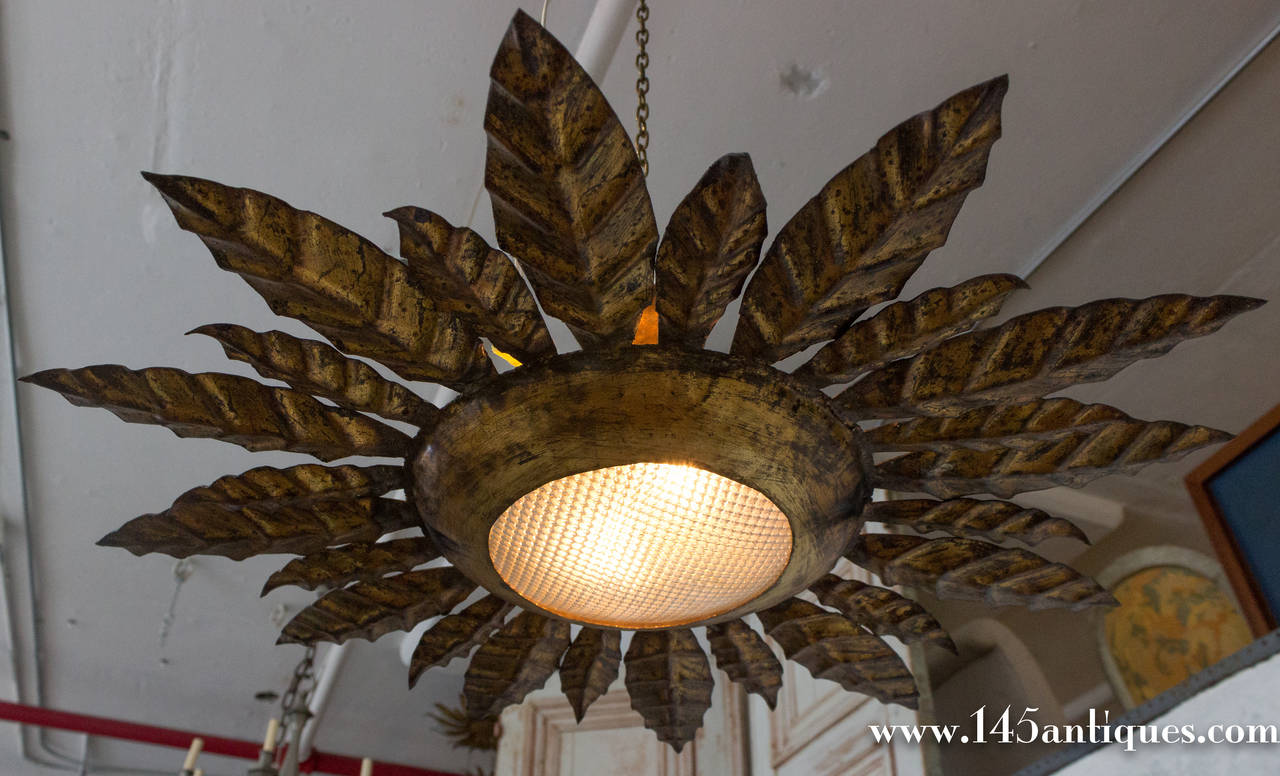 1940s Spanish Gilt Metal Ceiling Fixture with Convex Glass Center 2