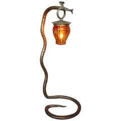 1950s Spanish Gilt Metal Snake Lamp with Original Glass Shade