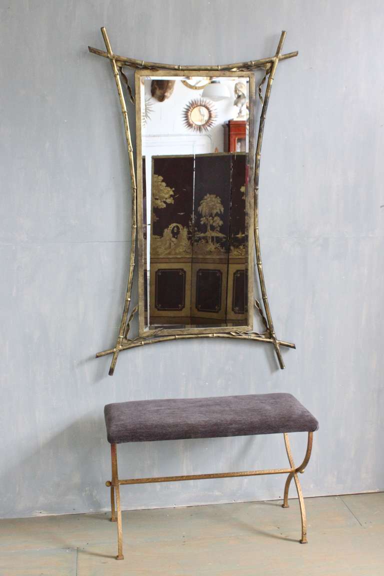 French 1940s Gilt Metal Bamboo Mirror In Excellent Condition In Buchanan, NY