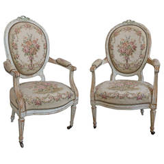 Pair of French 19th Century Louis XVI Style Armchairs in Petit Point Fabric 10