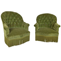 Pair of French 19th C. Napoleon III Tufted Armchairs in Green Velvet