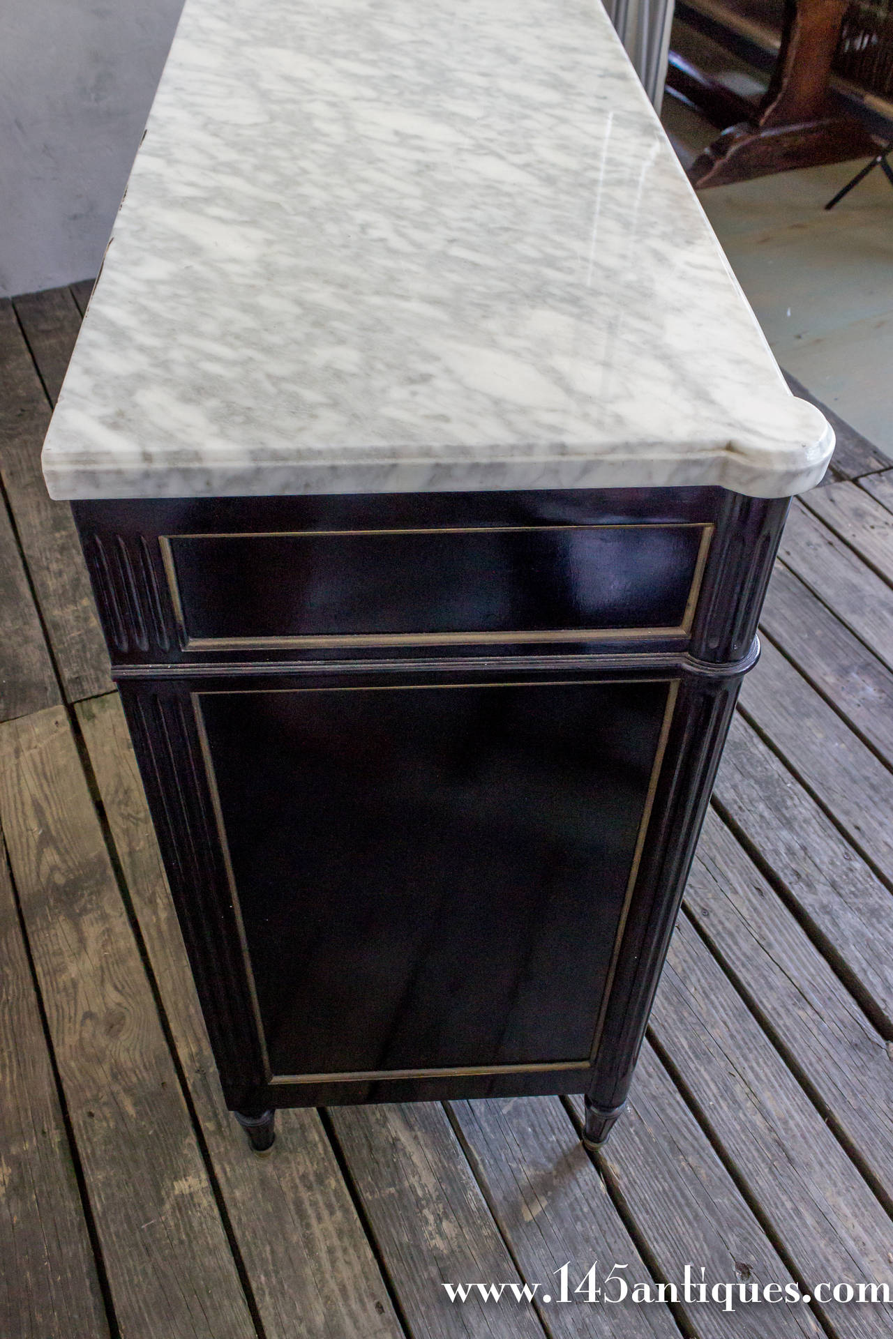 French Louis XVI Style Ebonized Sideboard with White Marble 6