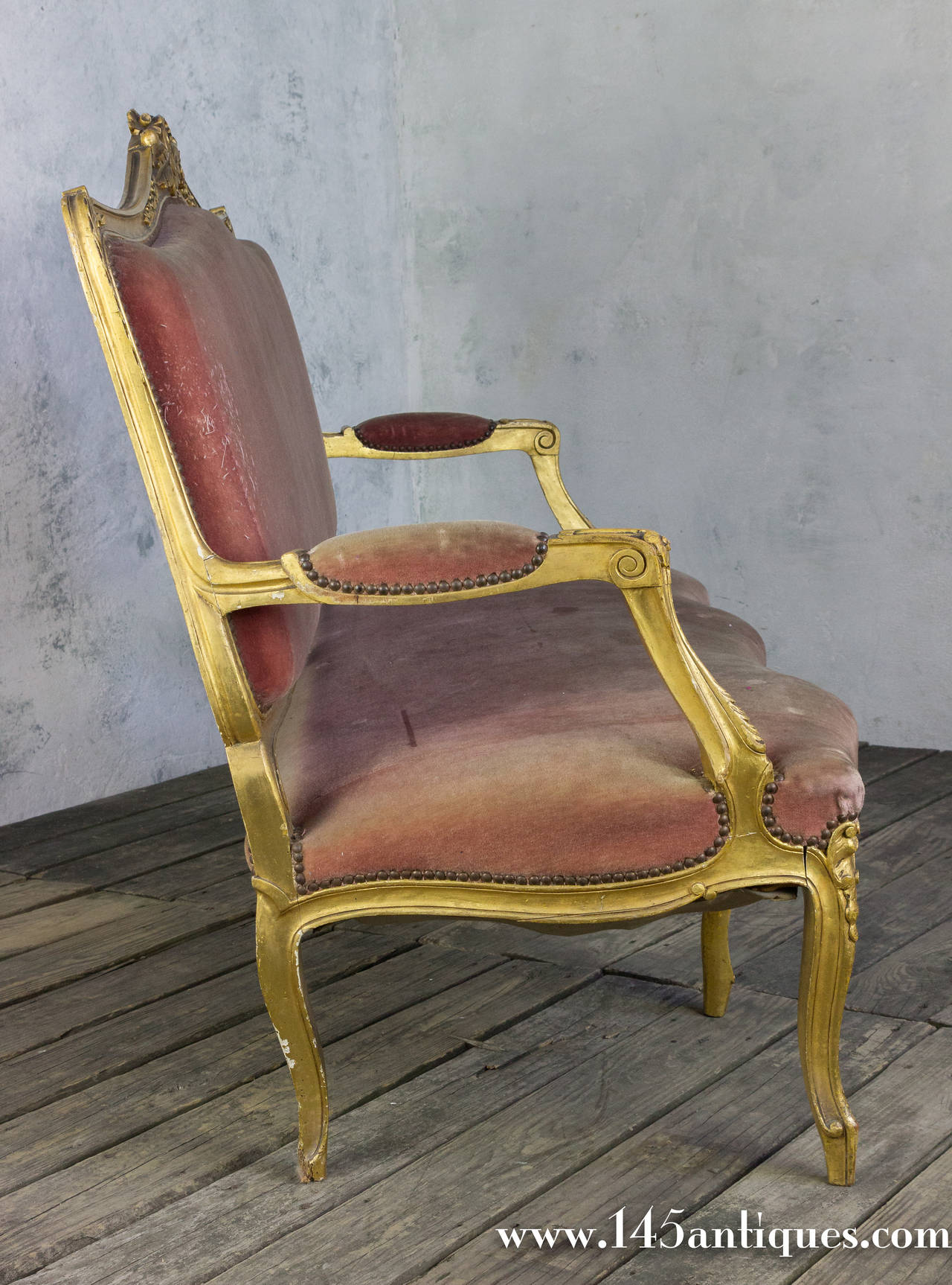 Early 20th Century French Louis XV Style Gilt Settee in Faded Salmon Velvet