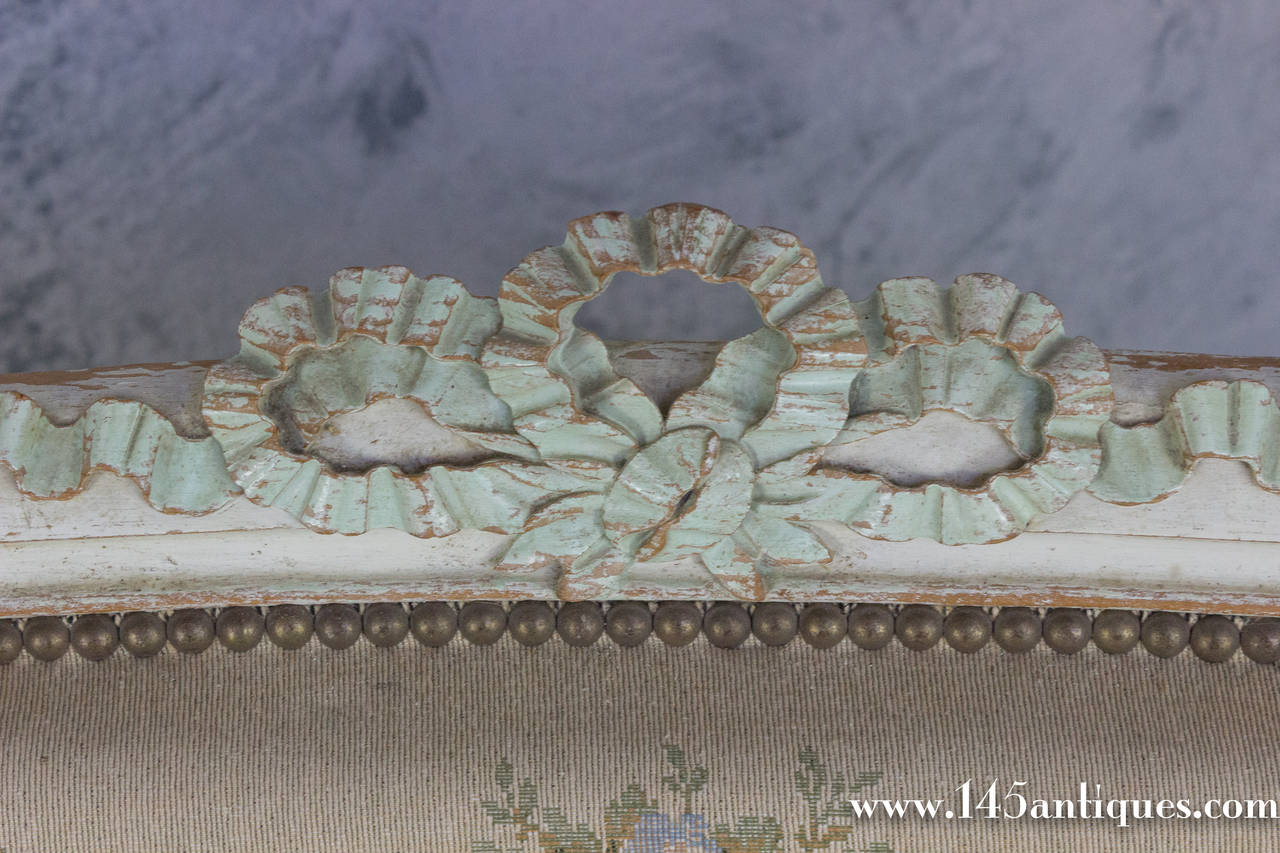 French Louis XVI Style Settee in Petit Point Fabric In Good Condition In Buchanan, NY