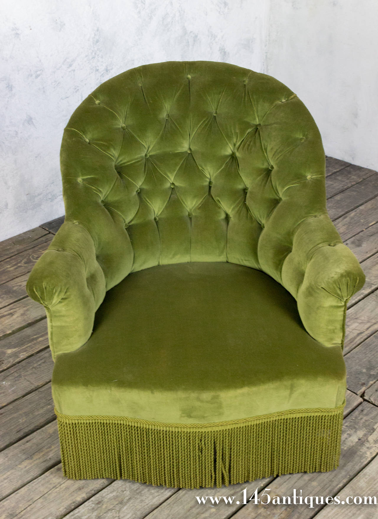 Pair of French 19th C. Napoleon III Tufted Armchairs in Green Velvet 3