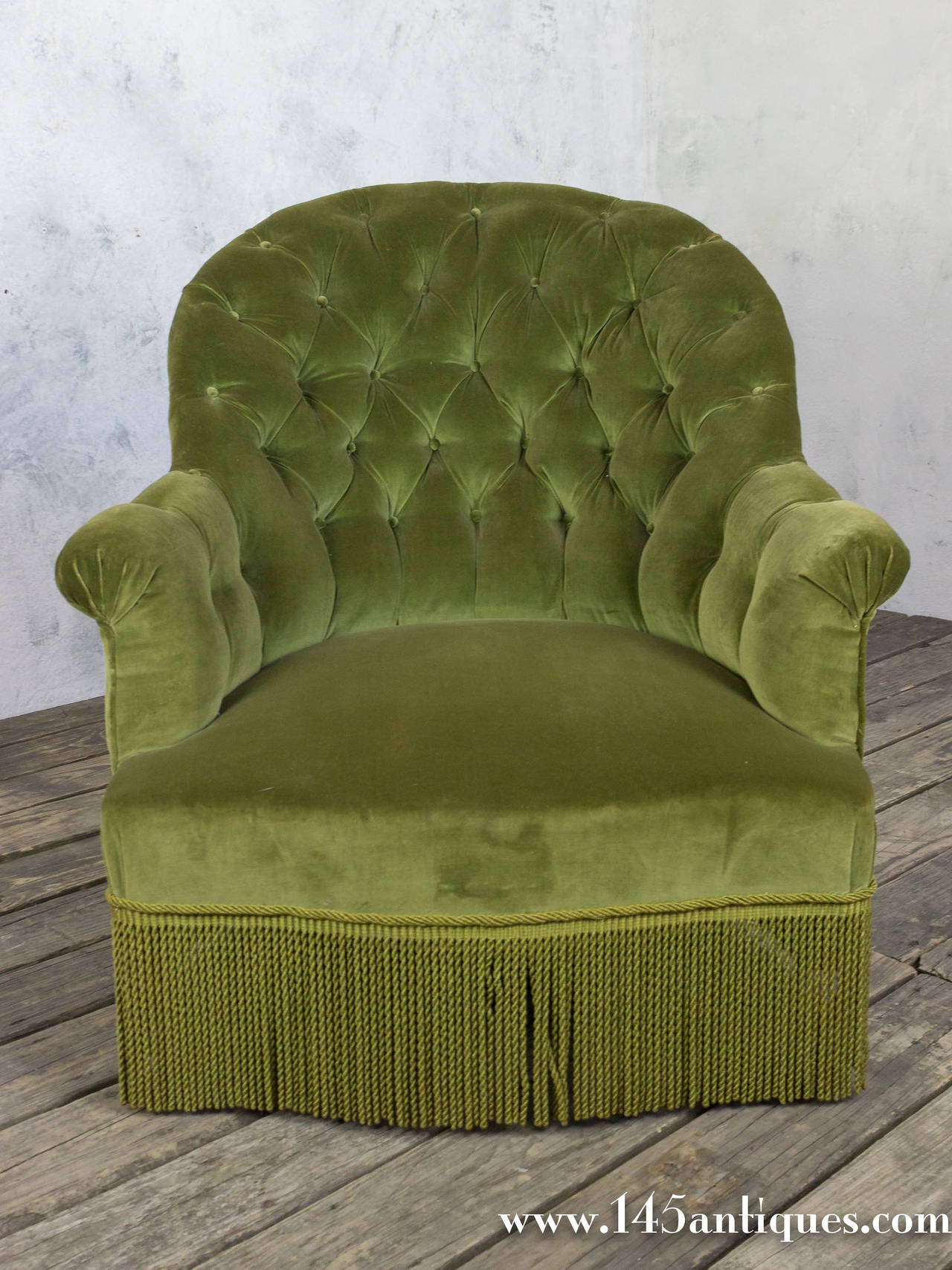 19th Century Pair of French 19th C. Napoleon III Tufted Armchairs in Green Velvet