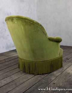 Pair of French 19th C. Napoleon III Tufted Armchairs in Green Velvet