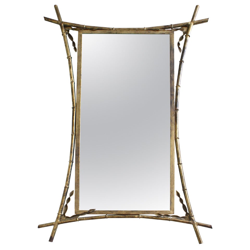 French 1940s Gilt Metal Bamboo Mirror